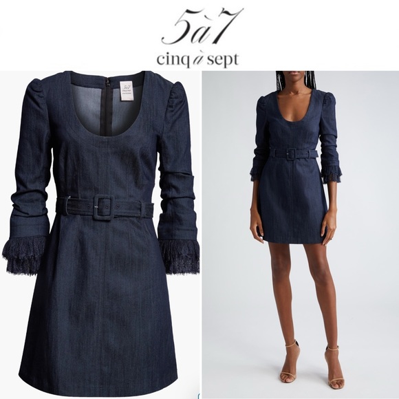 Cinq à Sept Allegra Lace-Trimmed Denim Minidress in Indigo sz 2 NWT 425$ - Picture 1 of 11